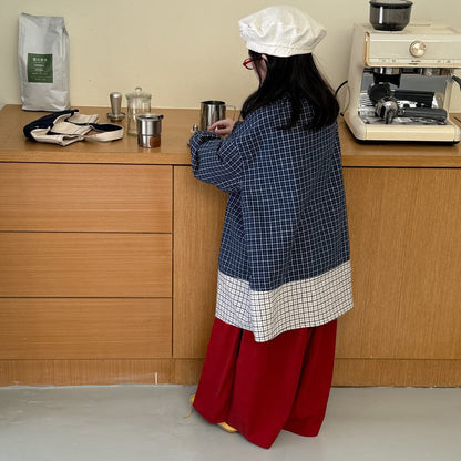 長袖セットアップ Color-blocked plaid loose shirt / 90cm ギンガムチェック長袖シャツ/ワイドガウチョパンツ パッチワーク切り替えカジュアルトップス【mh0010773】