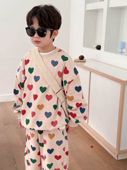 長袖セットアップ Colourful Heart Set A (Boys) / 90cm キッズセットアップ 2点セット カラフルハートプリントガールズセット/ボーイズセット リンクコーデ 兄弟姉妹 お揃いコーデ【mh0009192】