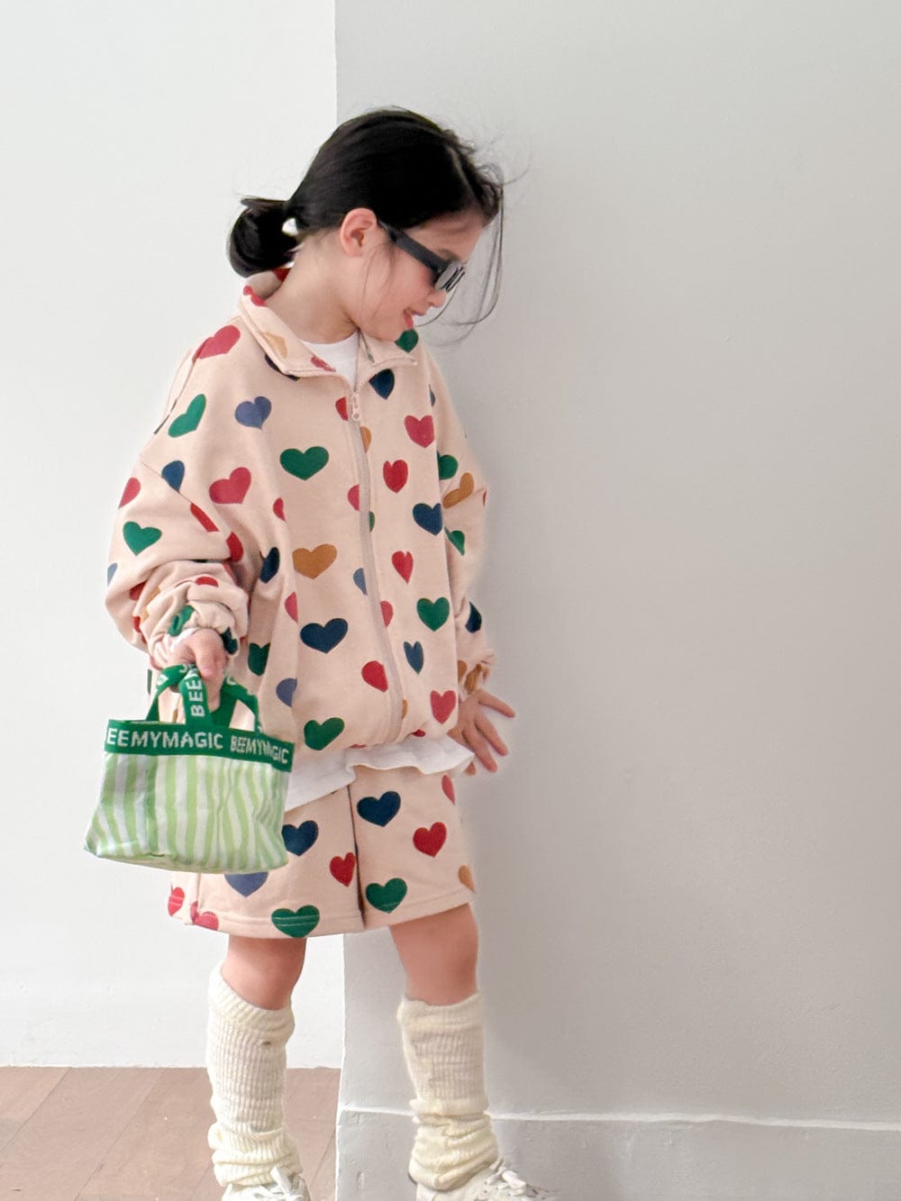長袖セットアップ Colourful Heart Set B (Girls) / 90cm キッズセットアップ 2点セット カラフルハートプリントガールズセット/ボーイズセット リンクコーデ 兄弟姉妹 お揃いコーデ【mh0009192】