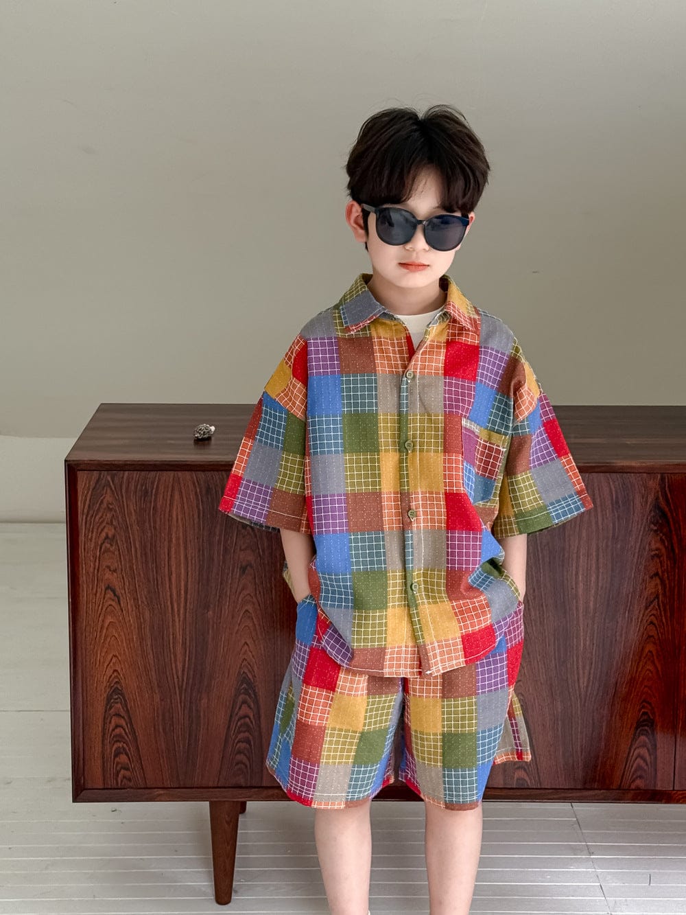 半袖セットアップ Colourful plaid set men's model / 90cm マドラスチェックキャミソールブラウス+スカートセット/半袖シャツ+ショートパンツセット【mh0010039】
