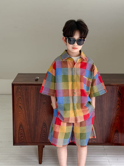 半袖セットアップ Colourful plaid set men's model / 90cm マドラスチェックキャミソールブラウス+スカートセット/半袖シャツ+ショートパンツセット【mh0010039】