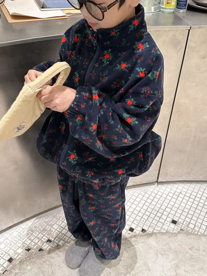長袖セットアップ Dark Blue / 24M  90CM キッズセットアップ 2点セット フラワープリントフリースジップアップジャケット+ロングパンツ【mh0008317】