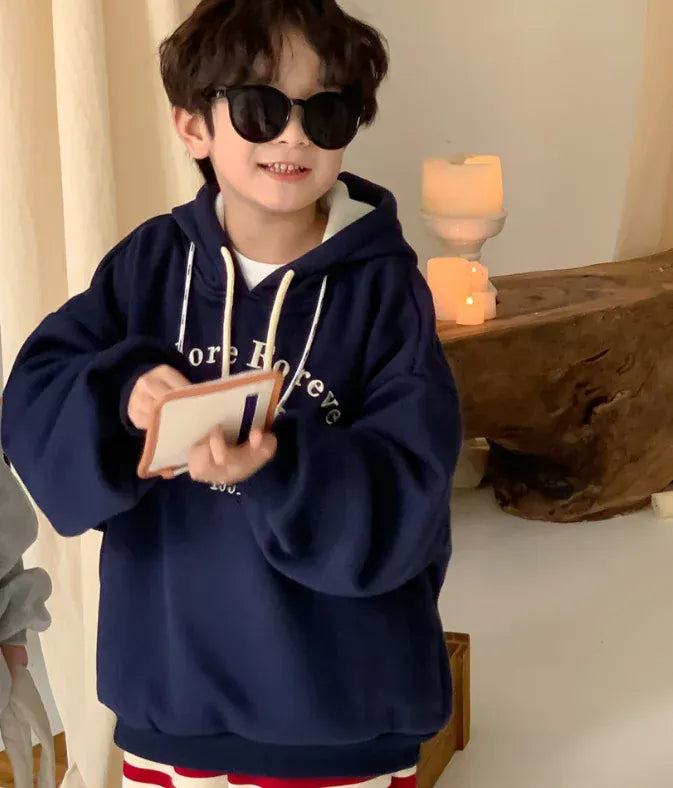 長袖セットアップ dark blue sweater / 90cm 1-2y キッズトップス/パンツ レターロゴプリントフーディパーカー/ボーダー裏フリースロングスウェットパンツ 2カラー【mh0007478】