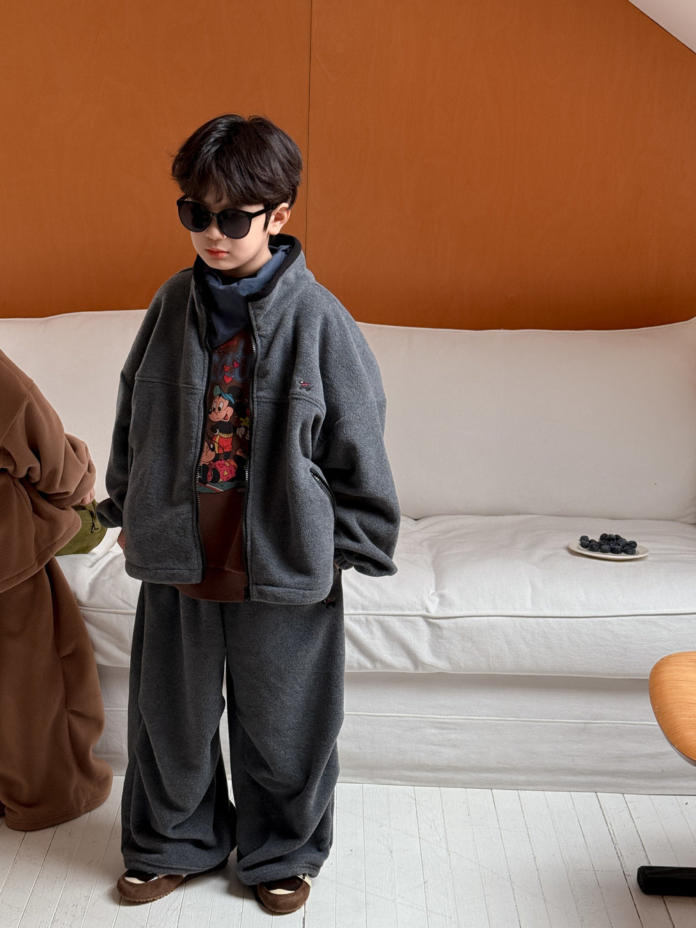 長袖セットアップ Dark Gray / 110cm セットアップ キッズ 裏起毛 ボア 厚手 スタンドカラー オーバーサイズ ジップ【mh0011659】