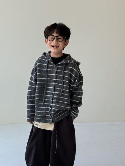 カーディガン・パーカー Dark Gray / 90cm ボーダー柄フード付きニットカーディガン キッズセーター【mh0010963】