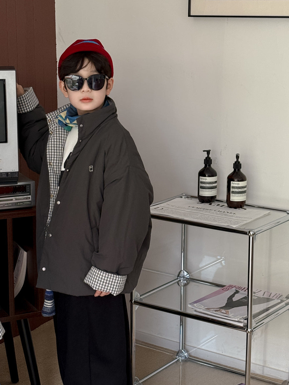 ショートコート・ジャケット・ジャンパー Dark Gray / 90cm 中綿ジャケット キッズ チェック柄 スタンドカラー 厚手 ショート丈 カジュアル アウター【mh0011667】