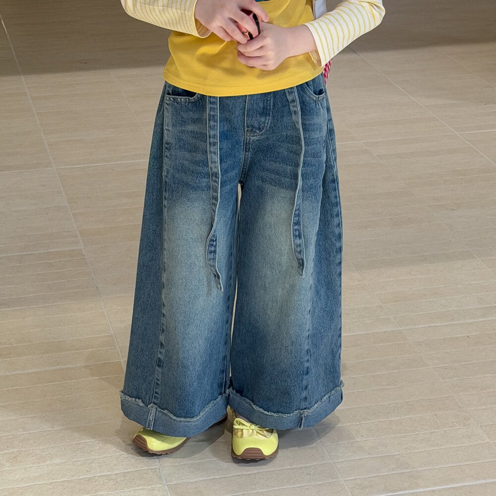 デニムパンツ Denim Blue / 100cm Retro Folded Wide Leg Jeans レトロタックワイドデニムパンツ【mh0012103】