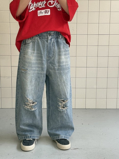 デニムパンツ Denim Blue / 90cm ダメージ加工ルーズストレートデニムパンツジーンズ【mh0009690】