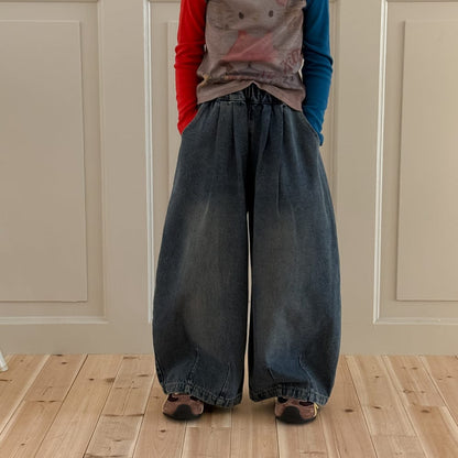 デニムパンツ Denim Blue / 90cm プリーツ切り替えデニムワイドパンツジーンズ【mh0010767】
