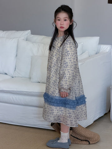 長袖ワンピース Floral / 100cm Spliced Lace Puff Sleeve Dress レース切替パフスリーブワンピース【mh0012104】