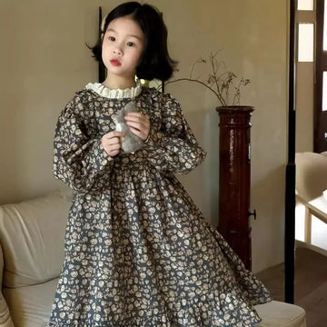 長袖ワンピース Flower / 90cm 1-2y キッズワンピース フラワープリントスタンドフリルカラー長袖ワンピース【mh0007139】