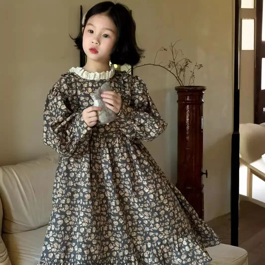 長袖ワンピース Flower / 90cm 1-2y キッズワンピース フラワープリントスタンドフリルカラー長袖ワンピース【mh0007139】