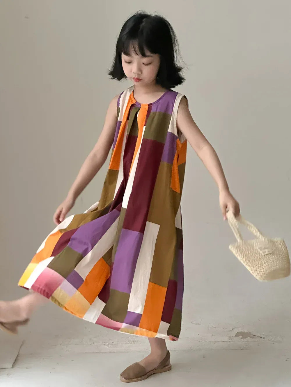 半袖セットアップ girl dress / 110cm 3-4y キッズセットアップ 2点セット/ワンピース ボーイズ半袖シャツ+ショートパンツ/ガールズノースリーブワンピース 幾何学チェック リンクコーデ 兄弟姉妹 お揃いコーデ【mh0005179】