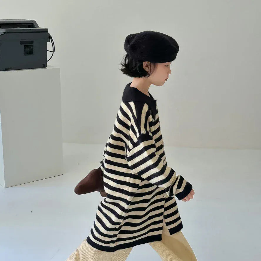 長袖ワンピース girl sweater dress / 90cm 1-2y キッズトップス/ワンピース ボーダー長袖セーター/ポロ襟ボーダーフロントオープンワンピース リンクコーデ 兄弟姉妹 お揃いコーデ【mh0007138】