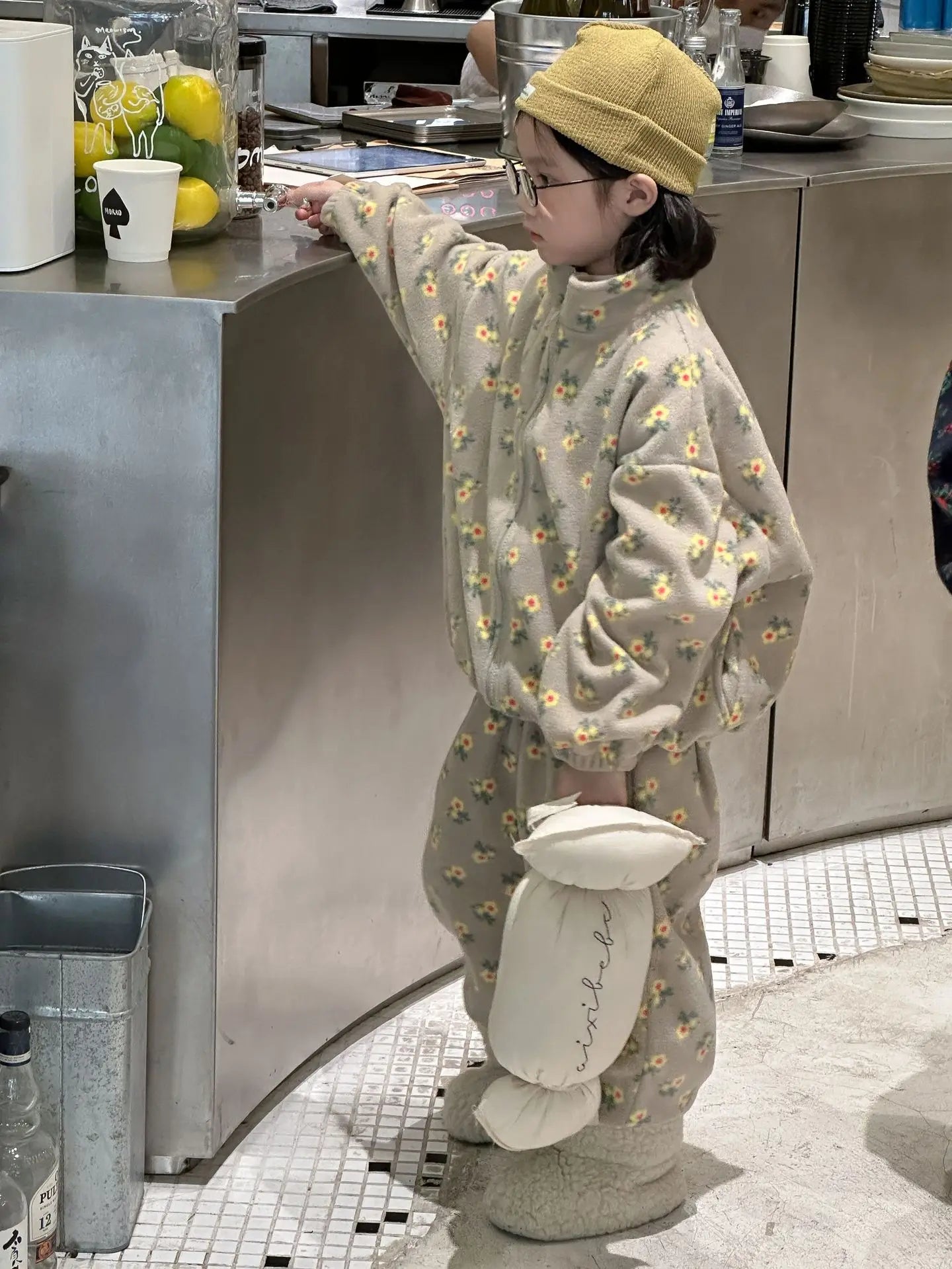 長袖セットアップ Gray / 24M  90CM キッズセットアップ 2点セット フラワープリントフリースジップアップジャケット+ロングパンツ【mh0008317】