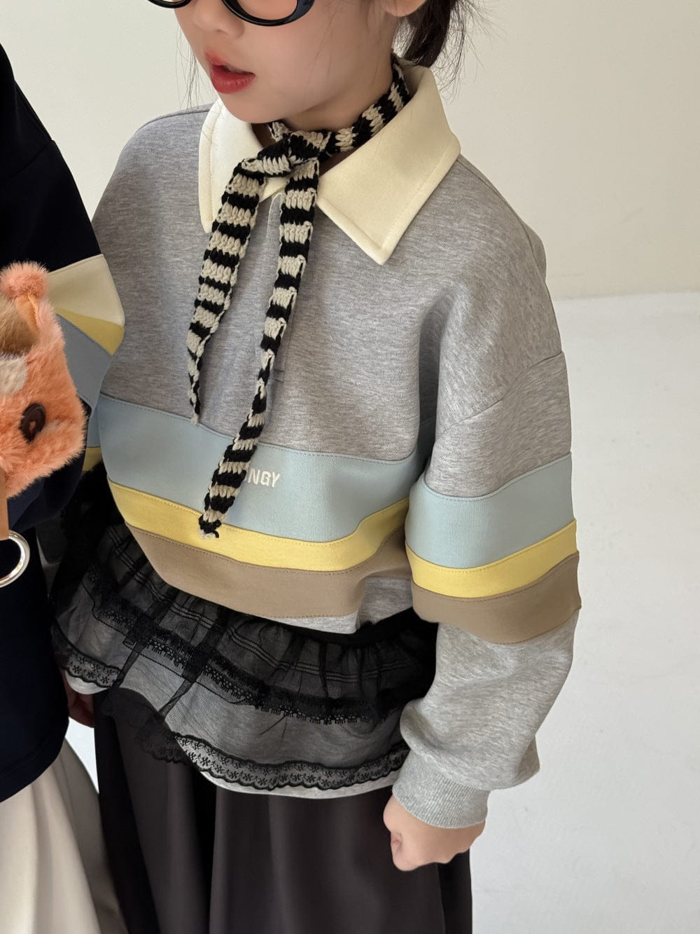 長袖シャツ・ブラウス Gray / 90cm ビッグボーダー長袖スウェットポロシャツ ロゴ刺繍入り襟付きトップス【mh0010779】