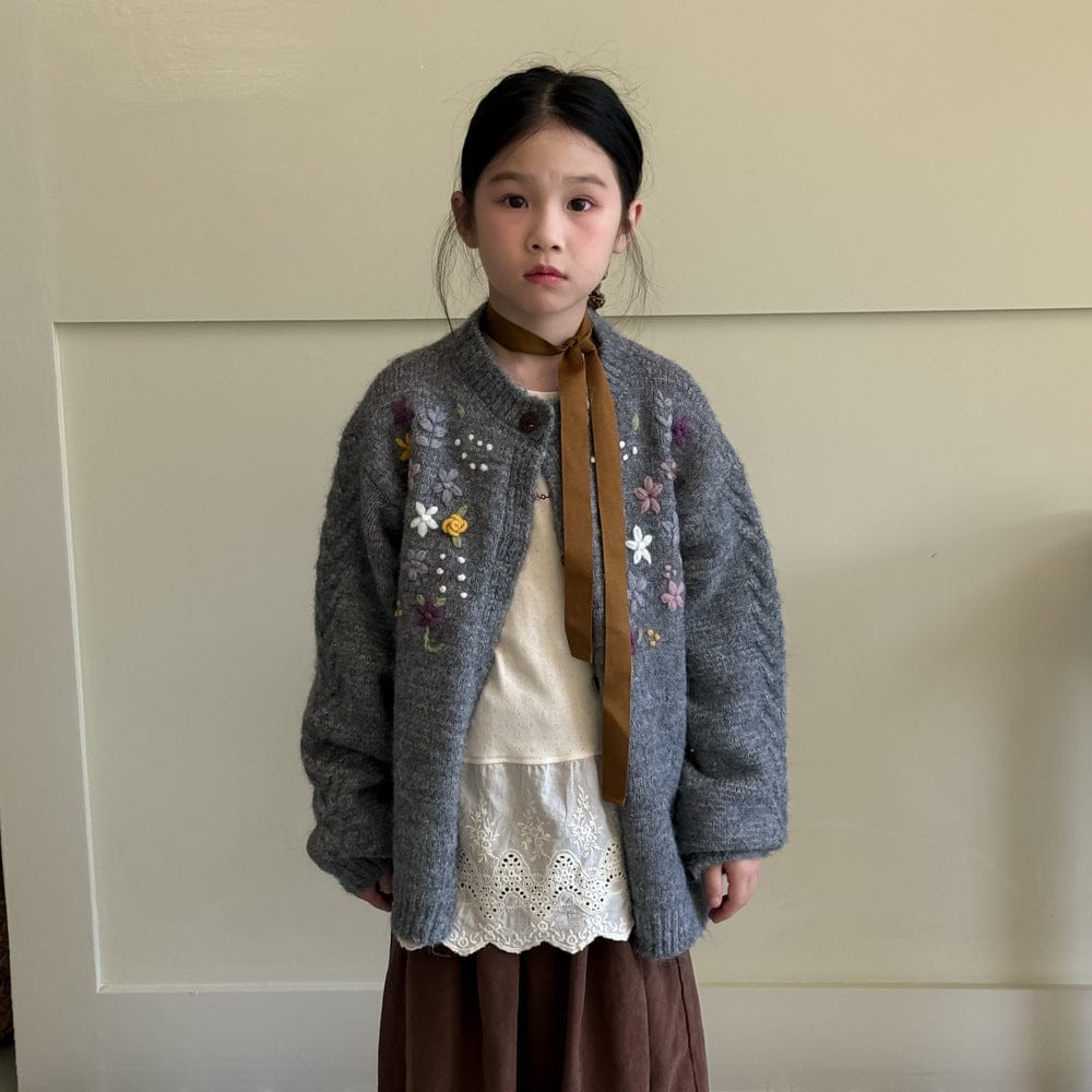 カーディガン・パーカー Gray / 90cm 花柄刺繍ケーブル編みニットカーディガン キッズセーター【mh0010959】