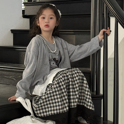 長袖セットアップ Gray cat two-piece set / 90cm プリントアンサンブル/パッチワークルーズスカート【mh0009691】