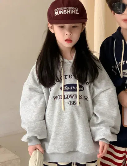 長袖セットアップ gray sweater / 100cm 2-3y キッズトップス/パンツ レターロゴプリントフーディパーカー/ボーダー裏フリースロングスウェットパンツ 2カラー【mh0007478】