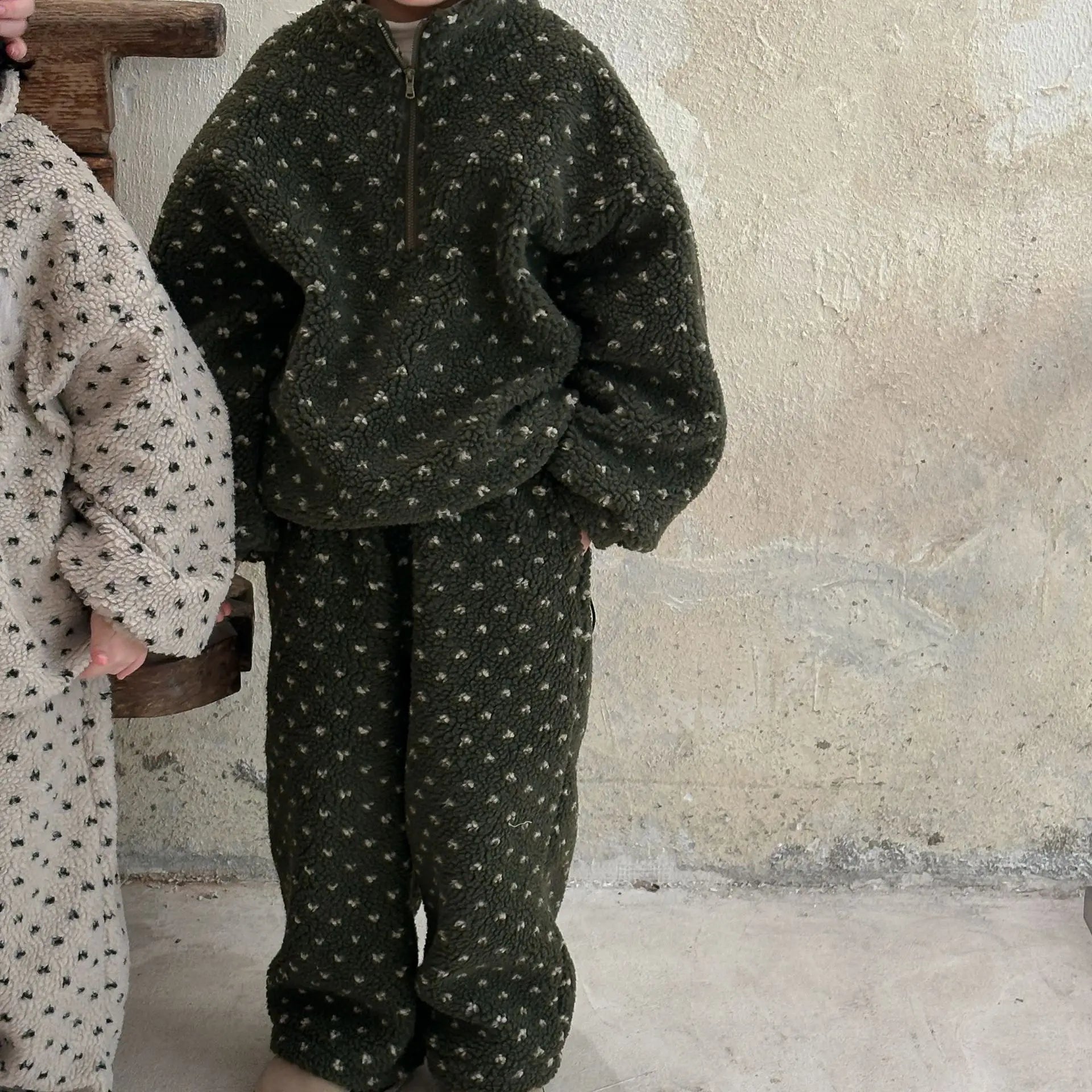 長袖セットアップ Green / 90cm 1-2y キッズセットアップ 2点セット プリントボアフリースハーフジップ長袖トップス+ロングパンツ 2カラー【mh0007592】