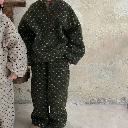 長袖セットアップ Green / 90cm 1-2y キッズセットアップ 2点セット プリントボアフリースハーフジップ長袖トップス+ロングパンツ 2カラー【mh0007592】