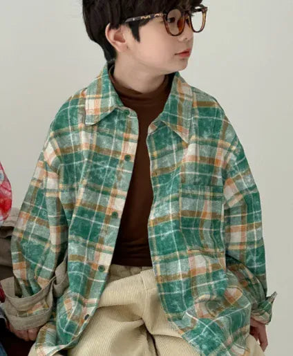 長袖シャツ・ブラウス Green / 90cm 1-2y キッズトップス チェック長袖ルーズシャツ 2カラー【mh0007055】