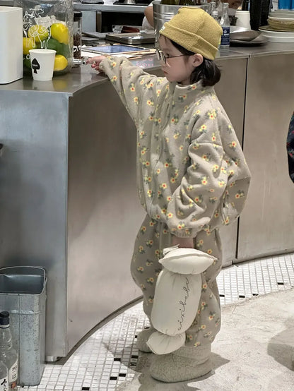 長袖セットアップ Grey / 90cm 1-2y キッズセットアップ 2点セット フラワー花柄プリントフリースジップアップ長袖スウェットジャケット+ロングルーズパンツ 2カラー【mh0007574】