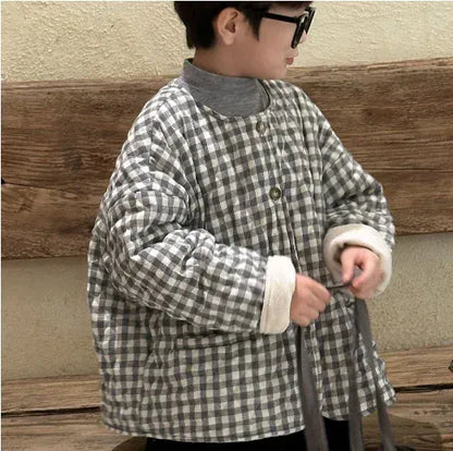 ショートコート・ジャケット・ジャンパー Grey / 90cm 1-2y キッズアウター レトロチェックノーカラー裏フリースコートジャケット 2カラー【mh0007570】