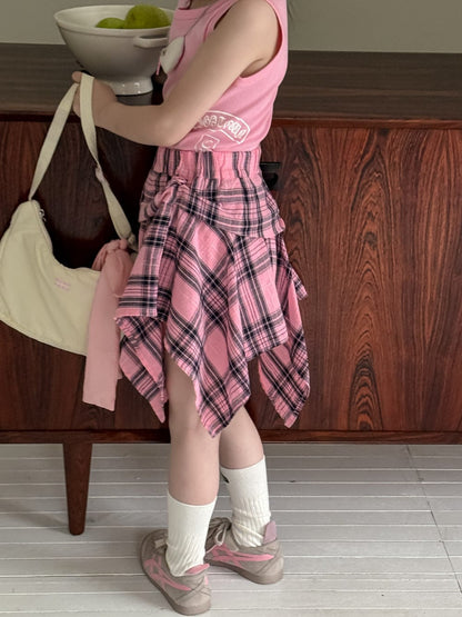ノースリーブセットアップ Irregular plaid skirt / 90cm レターロゴプリントタンクトップ/チェックアシメスカート【mh0010057】