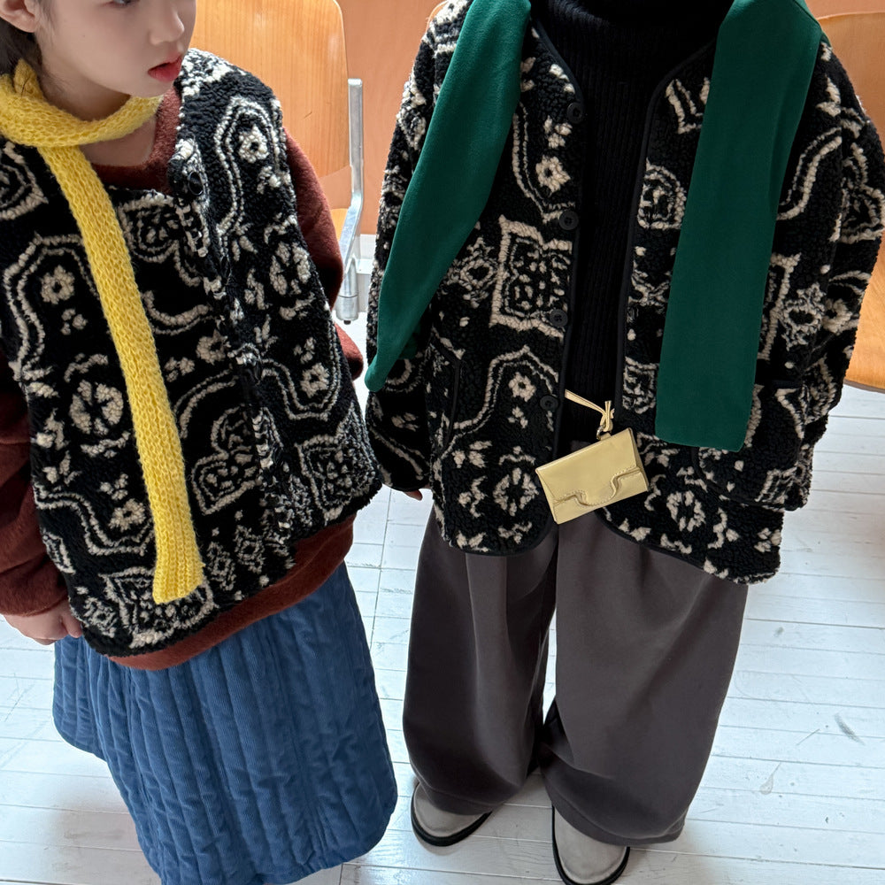 ショートコート・ジャケット・ジャンパー jacket / 90cm ボアジャケット キッズ 総柄 レトロ 厚手 ノーカラー もこもこ アウター【mh0011658】