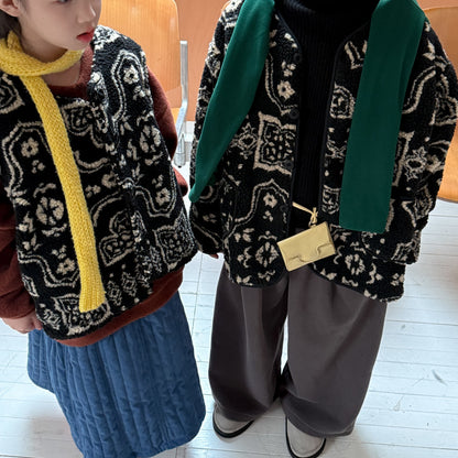 ショートコート・ジャケット・ジャンパー jacket / 90cm ボアジャケット キッズ 総柄 レトロ 厚手 ノーカラー もこもこ アウター【mh0011658】