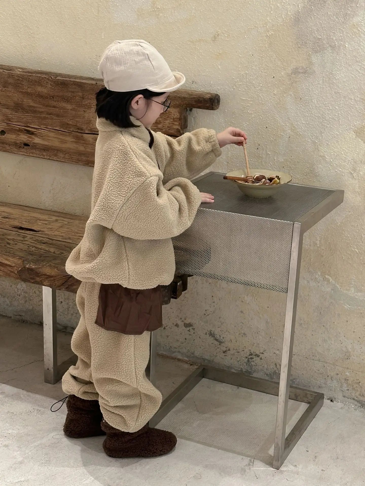 長袖セットアップ Khaki / 3T  100CM キッズセットアップ 2点セット ボアフリーススタンドカラー長袖スウェットシャツ+ロングスウェットパンツ【mh0008254】