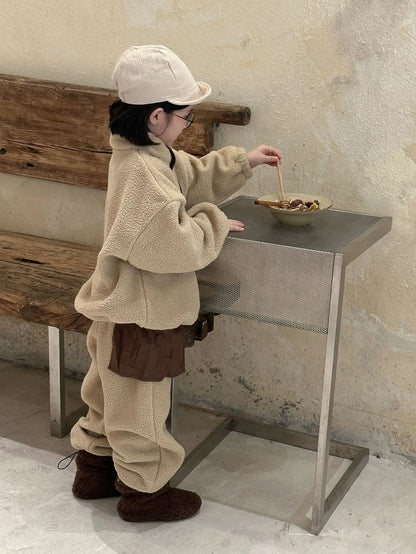 長袖セットアップ Khaki / 3T  100CM キッズセットアップ 2点セット ボアフリーススタンドカラー長袖スウェットシャツ+ロングスウェットパンツ【mh0008254】