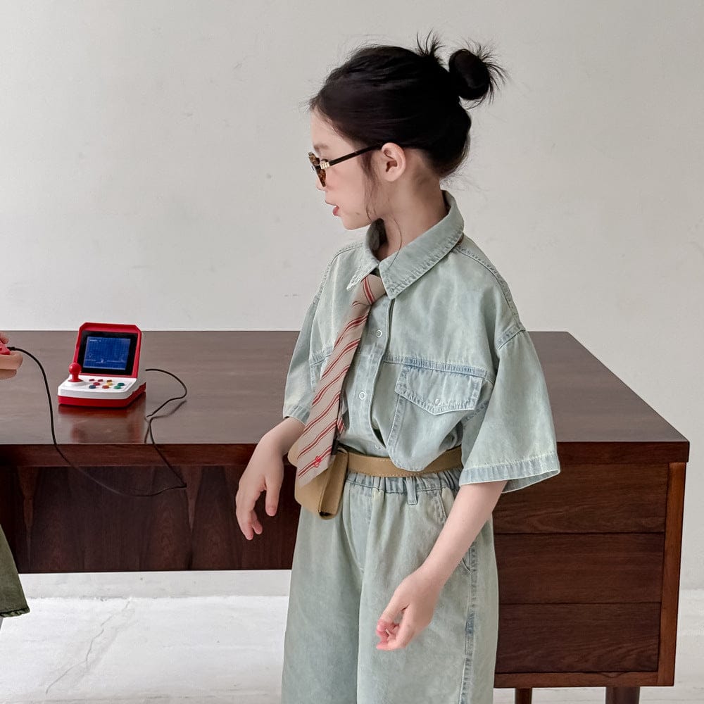 半袖セットアップ Light Blue / 90cm デニム半袖シャツ+ショートパンツセットアップ 2点セット【mh0010061】