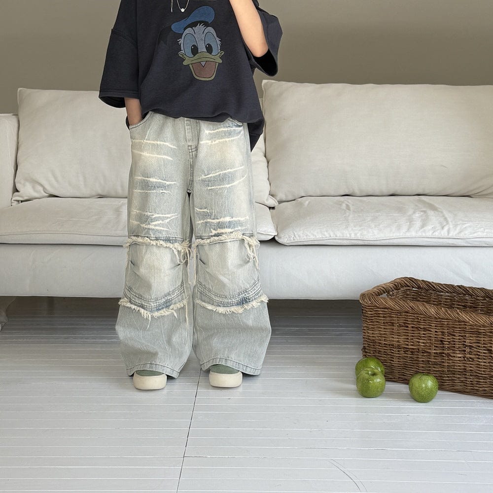 デニムパンツ Light Blue / 90cm フリンジダメージルーズワイドデニムパンツジーンズ【mh0009692】