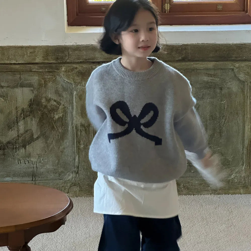 ニット・セーター キッズトップス ビッグリボン長袖ニットセーター グレー【mh0006863】