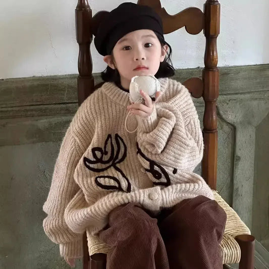 カーディガン・パーカー キッズカーディガン アートフラワールーズニットジャケット アプリコット【mh0007129】