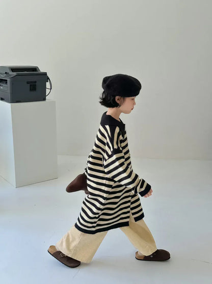 長袖ワンピース キッズトップス/ワンピース ボーダー長袖セーター/ポロ襟ボーダーフロントオープンワンピース リンクコーデ 兄弟姉妹 お揃いコーデ【mh0007138】