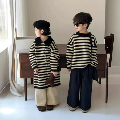 長袖ワンピース キッズトップス/ワンピース ボーダー長袖セーター/ポロ襟ボーダーフロントオープンワンピース リンクコーデ 兄弟姉妹 お揃いコーデ【mh0007138】