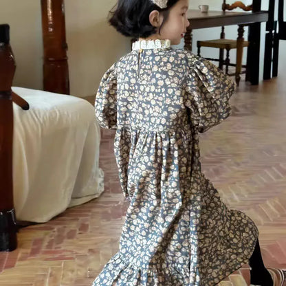 長袖ワンピース キッズワンピース フラワープリントスタンドフリルカラー長袖ワンピース【mh0007139】