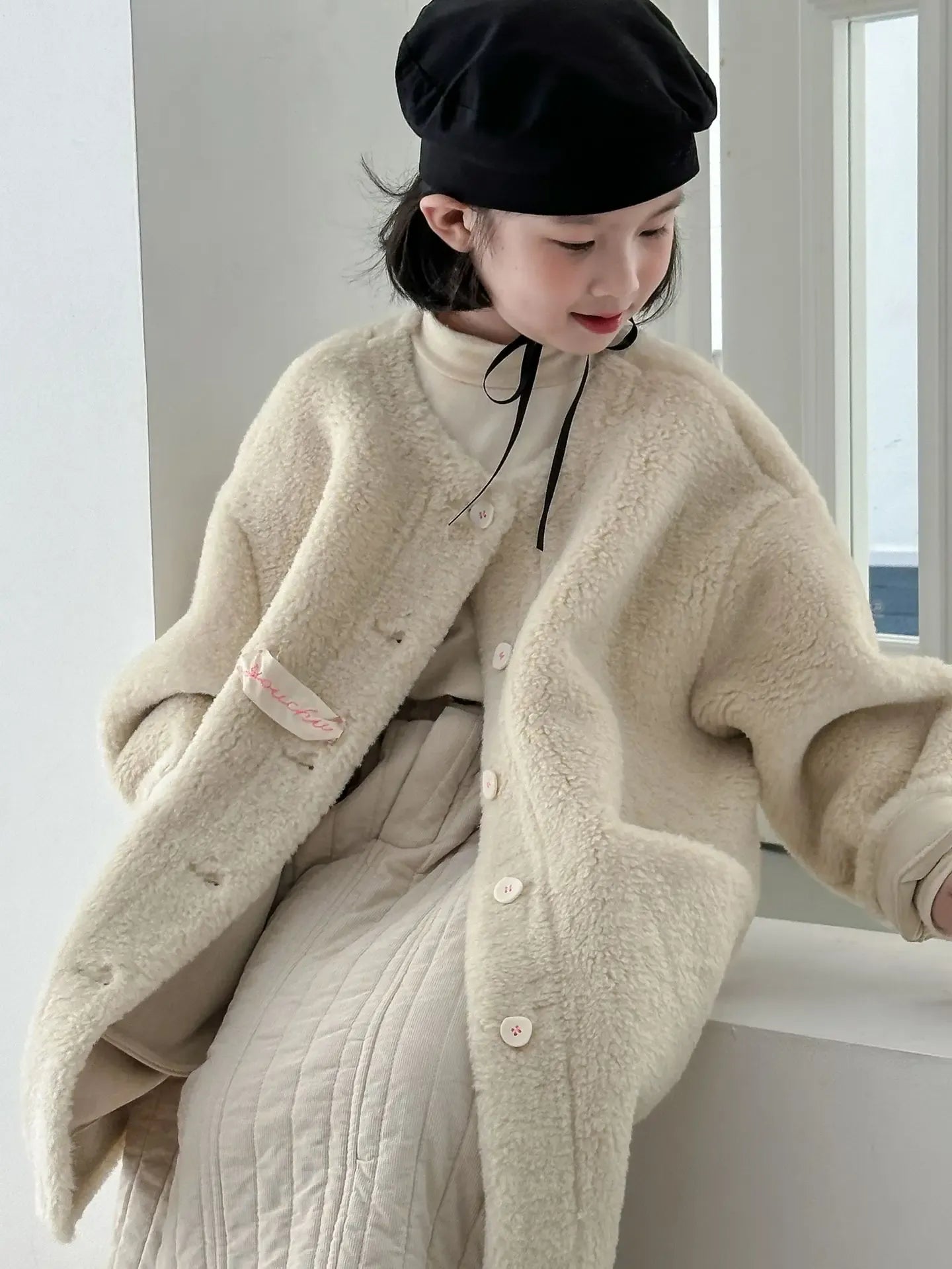 ショートコート・ジャケット・ジャンパー キッズアウター ボアフリースビッグシルエットノーカラーコートジャケット ベージュ【mh0007593】