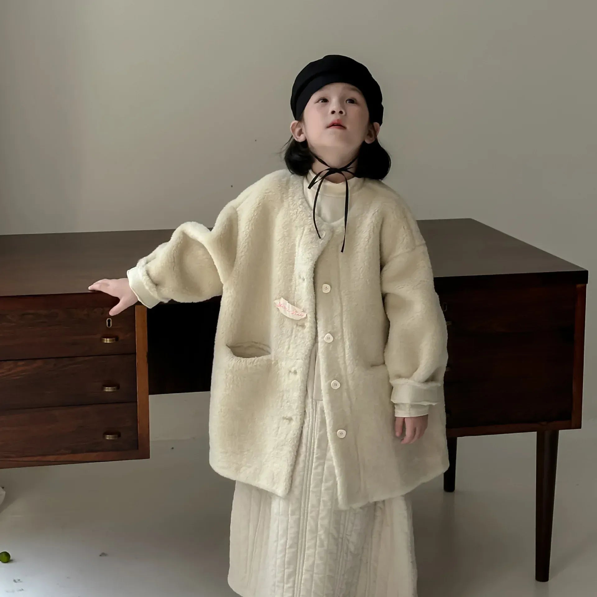 ショートコート・ジャケット・ジャンパー キッズアウター ボアフリースビッグシルエットノーカラーコートジャケット ベージュ【mh0007593】