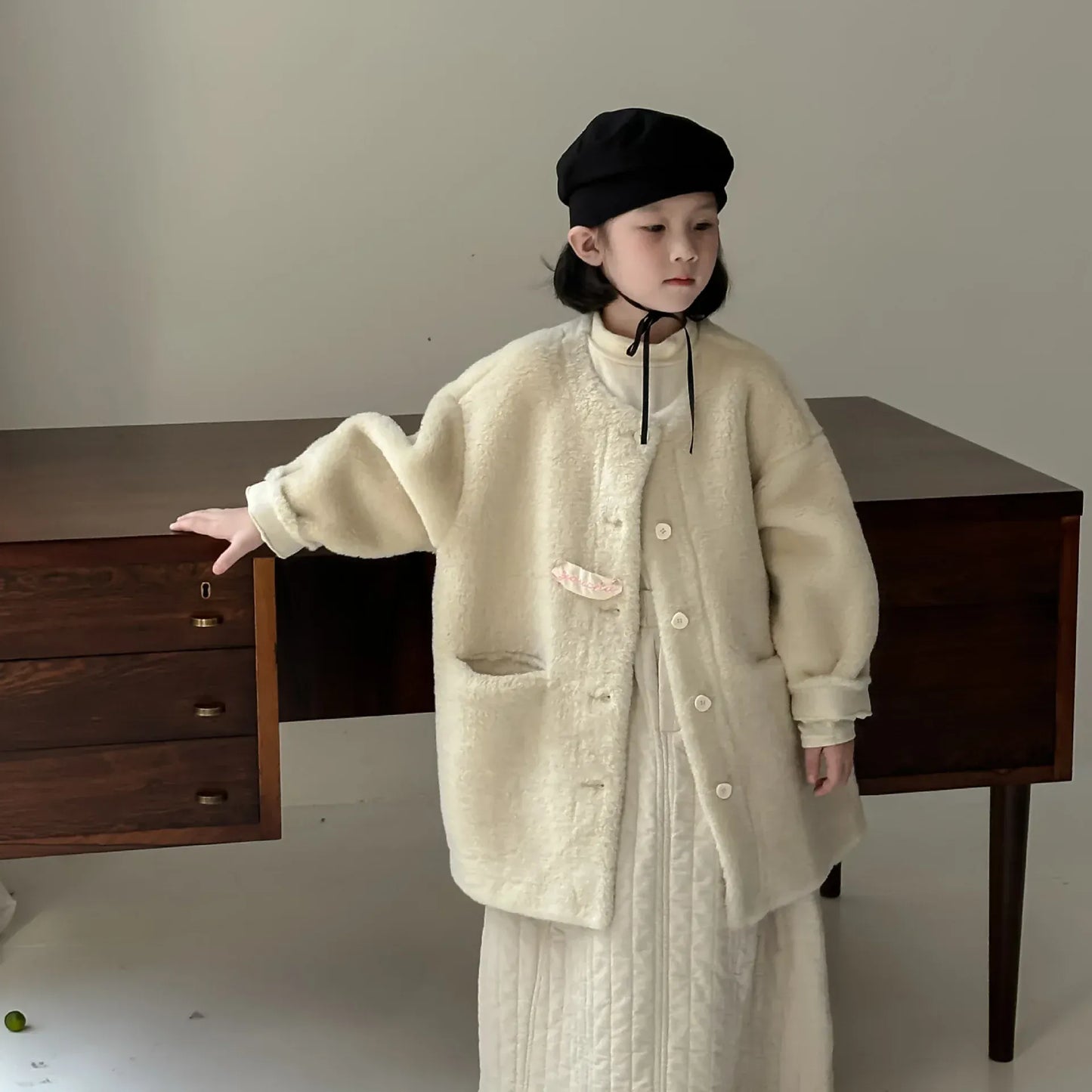 ショートコート・ジャケット・ジャンパー キッズアウター ボアフリースビッグシルエットノーカラーコートジャケット ベージュ【mh0007593】