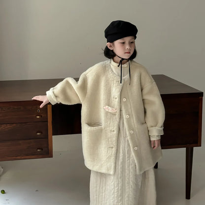 ショートコート・ジャケット・ジャンパー キッズアウター ボアフリースビッグシルエットノーカラーコートジャケット ベージュ【mh0007593】