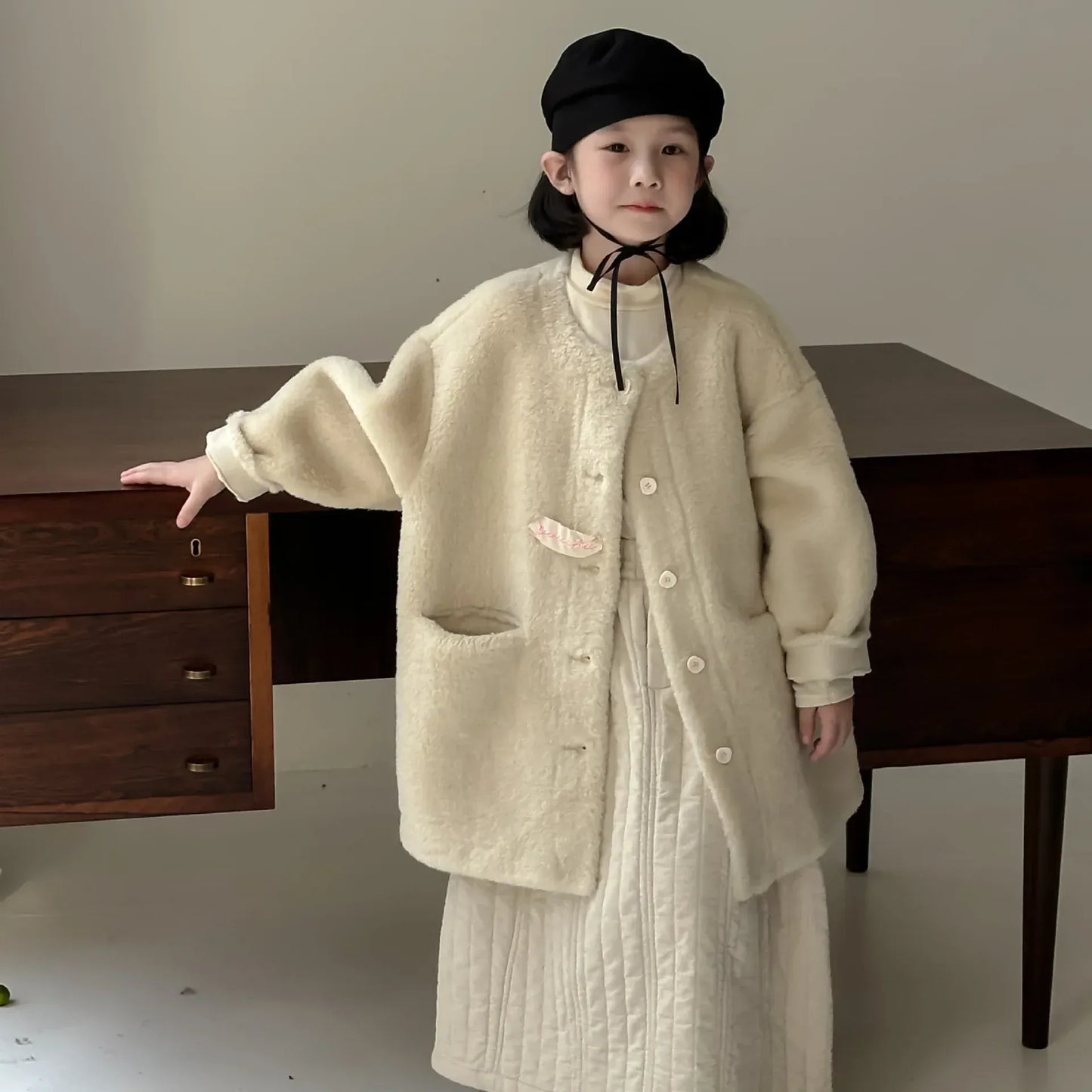 ショートコート・ジャケット・ジャンパー キッズアウター ボアフリースビッグシルエットノーカラーコートジャケット ベージュ【mh0007593】