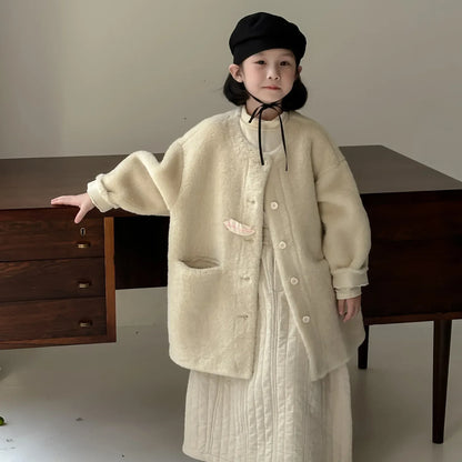 ショートコート・ジャケット・ジャンパー キッズアウター ボアフリースビッグシルエットノーカラーコートジャケット ベージュ【mh0007593】