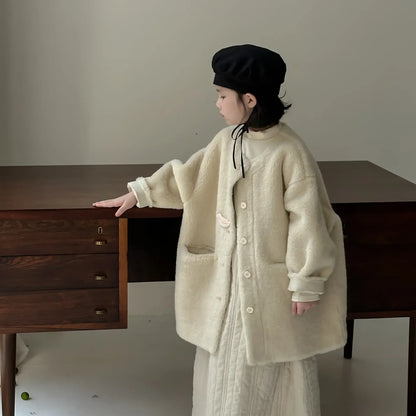 ショートコート・ジャケット・ジャンパー キッズアウター ボアフリースビッグシルエットノーカラーコートジャケット ベージュ【mh0007593】