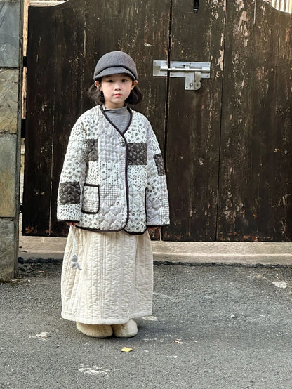 ショートコート・ジャケット・ジャンパー キッズアウター フラワープリントパッチワークノーカラーキルティングジャケットコート【mh0007596】