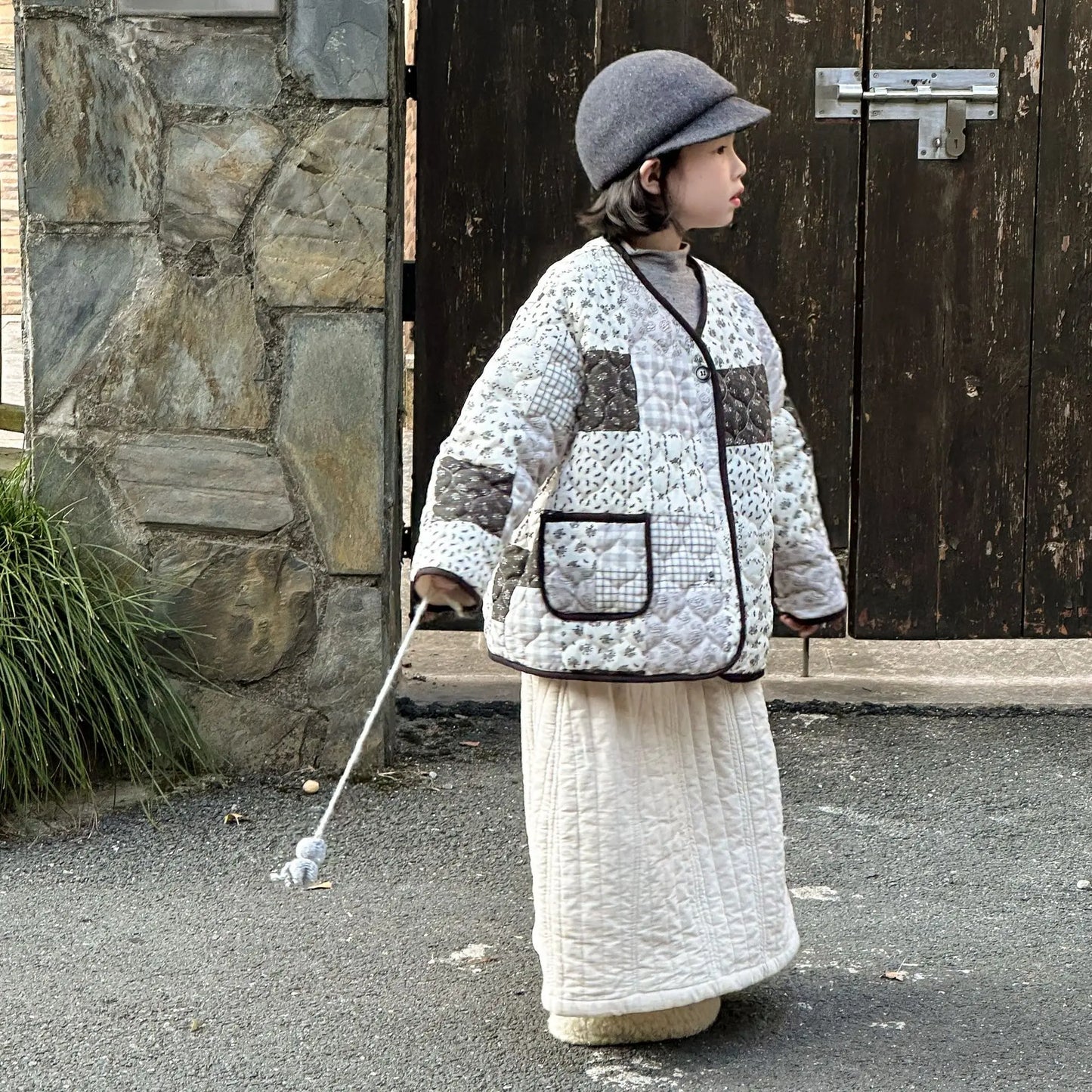 ショートコート・ジャケット・ジャンパー キッズアウター フラワープリントパッチワークノーカラーキルティングジャケットコート【mh0007596】