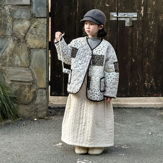 ショートコート・ジャケット・ジャンパー キッズアウター フラワープリントパッチワークノーカラーキルティングジャケットコート【mh0007596】